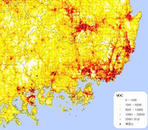 (a) 점오염원 (b) 면오염원 (c) 이동오염원 < 그림 2-115> 2007 년오염원별 CAPSS+ 추가 VOC 배출량분포도 3.3.3 대기질모델링정합도평가 3.3.3.1 모델링정합도분석을위한통계처리방법일반적으로모델링결과의신뢰도를평가하기위해서모델링영역에포함된측정지점의결과와동일지점의모델결과를비교하여그유의성을판단하는방법을이용한다.