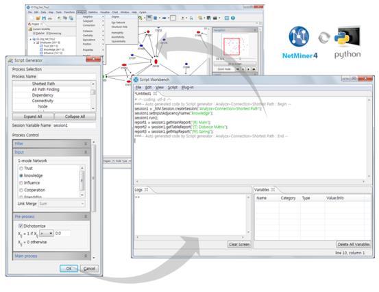 I NetMiner 4 의새로운특징 1. New Python-based Script Workbench and Adaptability of User-generated Plug-in NetMiner 4 는숙달되지않은사용자들을위한자동스크립트생성기를갖춘파이썬기반의내부스크립트엔진을탑재하고있습니다.