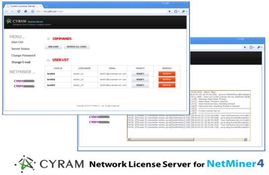 I NetMiner 4 의새로운특징 3. New License Management Server for the organizations 복수의라이선스를가지고있는기업이나기관사용자들은새로운 Cyram 라이선스서버를통해보다효과적이고효율적으로라이선스들을관리할수있습니다. IT 관리자는자신의자리에서프로그램을실행할수있는권한을부여하거나취소할수있습니다.