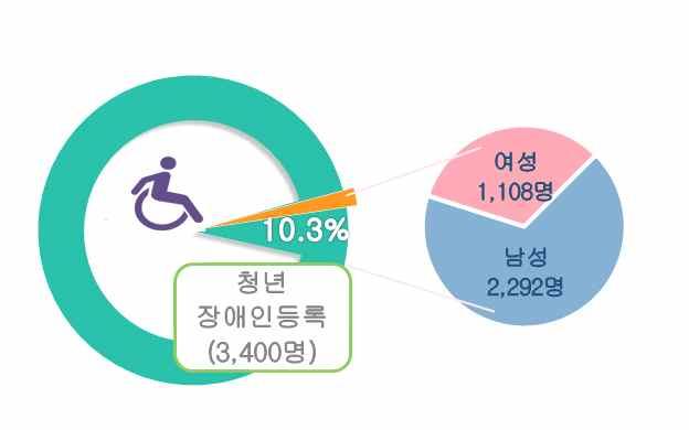 5) 성별장애인등록인구 청년장애인등록인구는남성 2,292 명 (67.4%), 여성 1,108 명 (32.