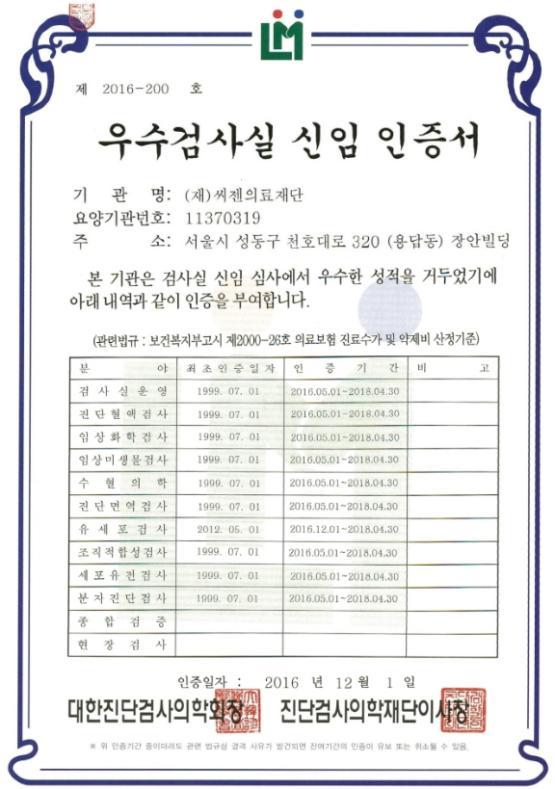 우수검사실신임인증서