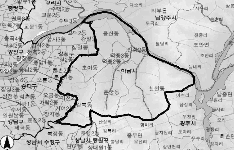 하남(河南) 지역의 지명 변천 73 <그림4> 하남시 행정구역도 주 조선시대전자문화지도시스템의 지도에 행정구역 경계를 굵게 기입한 것임.