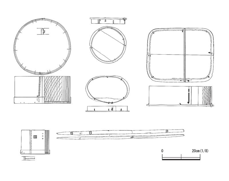 ２. 藤原宮出土曲物蓋 １. 平城京出土円形曲物容器 ３. 吉田南遺跡出土楕円形曲物容器 ４. 平城宮出土長方形曲物容器 6. 曲物柄杓 ５와６은 동일개체) (奈良国立文化財研究所 1984 전제 ５. 曲物柄杓 ５와６은 동일개체) (奈良国立文化財研究所 1984 전제 도면 2. 일본 출토 목기 각종 를 웃돌게 되며, 조선시대에는 거의 적송이 사용된다고 하였다.