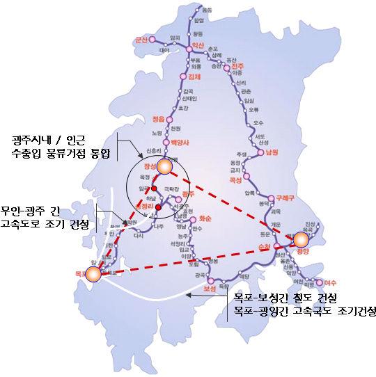 중소형내륙물류거점통폐합 광주시내및인근에산재해있는중소형수출입물류거점인임곡역철 도CY와송정리철도CY를장성복합화물터미널로통합하여지역내중 소형물류거점정비및물류거점본연의기능인물량집약및분배 기능강화 3 각물류거점( 광양장성복합터미널 목포항) 을연계하는교통망완공예정 시점을감안하여조기통합추진필요