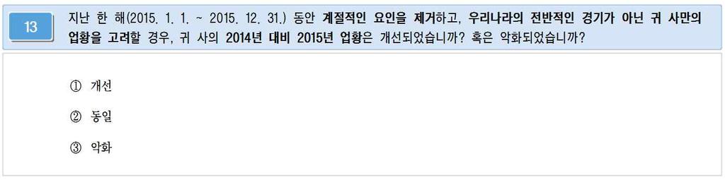 (2) 로봇산업관련설비투자계획금액로봇산업관련설비투자계획금액을생산설비투자, 연구개발설비투자, 기타설비투자로나누어기입문 12-2) 에서 1 예인경우에만응답합계 = 1 생산설비투자 + 2 연구개발설비투자 + 3 기타설비투자해당금액이없는경우, 빈칸으로두지말고반드시 0 기입 13.