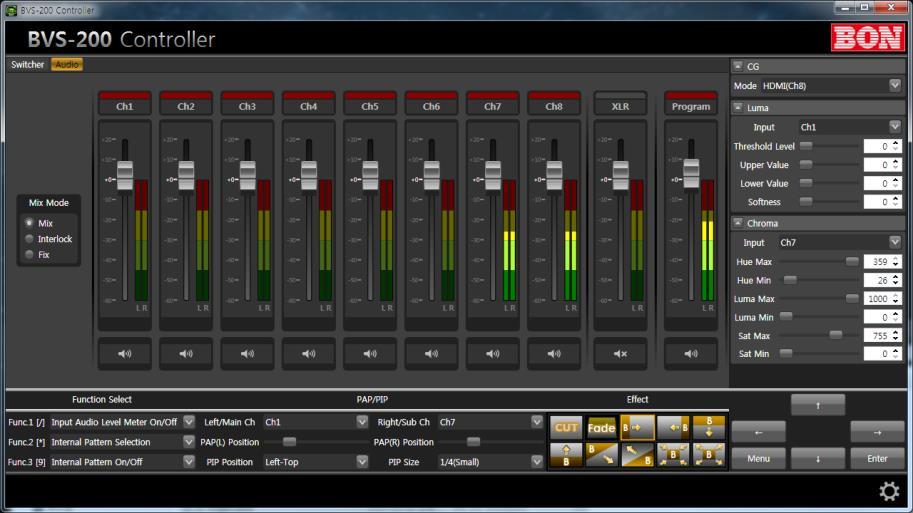2) Audio Mixer 제어메뉴 Audio 제어창 제품메뉴설정창 (1) 제어모드를 Audio 를선택하면 Audio Mixer 설정창이나타나고입력, 출력의레벨설정을할수있습니다. (2) Audio Mixer모드는 Mixer, Fix, Interlock의 3가지가있습니다.