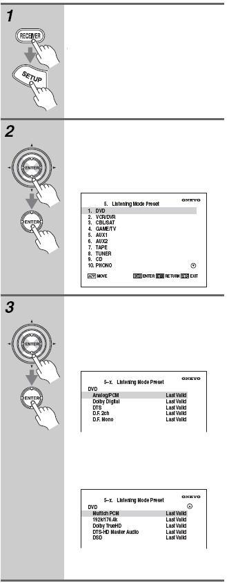 고급설정 계속 리스닝모드프리셋 Listening Mode Preset 메뉴에서각입력셀렉터에서기본적으로사용하고자하는오디오포맷을지정할수있습니다. AV 리시버는입력신호에따라서자동적으로리스닝모드를자동적으로선택하게됩니다. 다른리스닝모드를언제든지선택할수있으며, AV 리시버가꺼질경우설정된기본리스닝모드가적용됩니다.