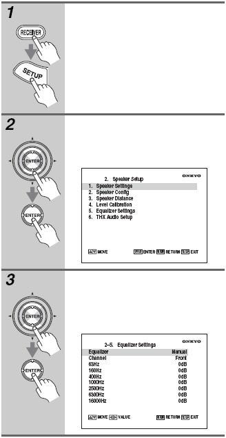 MultEQ XT *1 Dynamic EQ *1 Dynamic Vol(Light) *1 Dynamic Vol(Heavy) *1 [RECEIVER] REMOTE MODE 버튼을누른후, [SETUP] 버튼을곧바로누릅니다. 메인메뉴가화면에나타납니다. 상하 [ ]/[ ] 버튼을사용하여 2. Speaker Setup을선택한후, [ENTER] 를누릅니다.