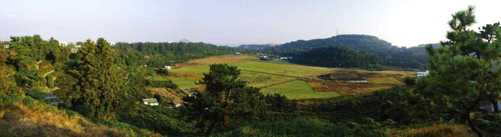 20. 하논 17 배정윤 1) 개관 하논화산은분화구의직경이 1.0~1.2km, 화구륜과화구바닥의고도차가최대 90m로서제주도화산분화구중최대규모이며, 분화구내부에는소규모분석구가발달해있다. 분화구바깥쪽으로는평균약 40 m 두께의응회암층이완만한경사의응회환을이루고있다.