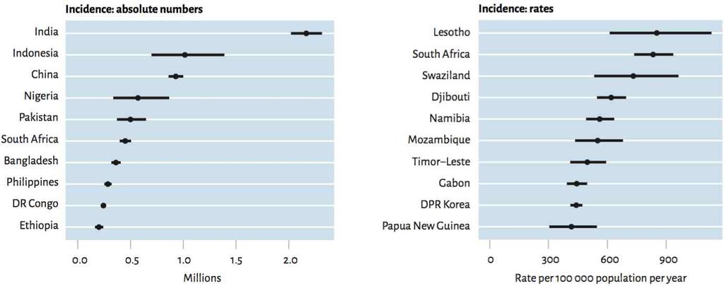 Brazil, China, the Russian Federation 에서는 2014 년에결핵부담이높은지역들중낮은 발생률을보였으며, 반면에 Mozambique 와 South Africa 에서는십만명당 500 명이상으로 높은발생률을보이고있다. 결핵발생률 10 개순위의국가들은그림 33 과같다. 그림 33.