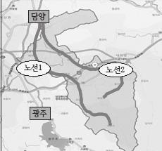 2 노선설정버스편의상시간단축과비용단축을위해서는먼저가까운리끼리묶어서운행해야하고가장가까운도로를이용해야한다. 이두가지사항을고려한결과담양으로가는버스경로 2개, 광주로가는버스경로 2개를개설할경우시간단축과효율성을극대화시킬수있다는결론이나왔다. 노선의경로는다음과같다.