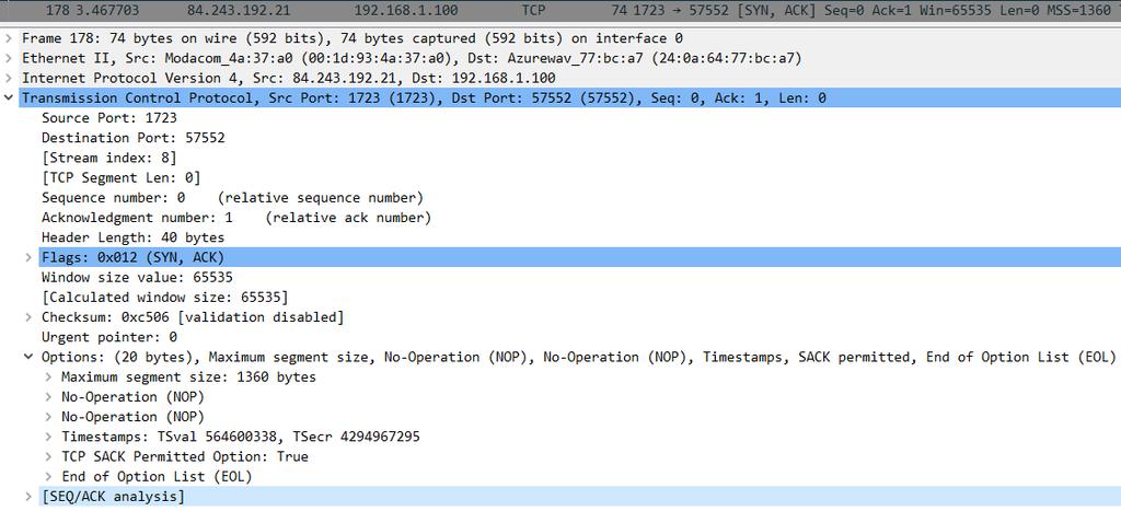 < 그림 4. SYN/ACK 패킷분석 > < 그림 4> 는 SYN/ACK 패킷정보의일부를캡처한것이다. < 그림 4> 를분석하면다음과같은정보를얻을수있다. Window size는 65535이고, Options에는 MSS, NOP, Timestamp 값이포함되어있다. 이때, MSS 값은 1360이다.