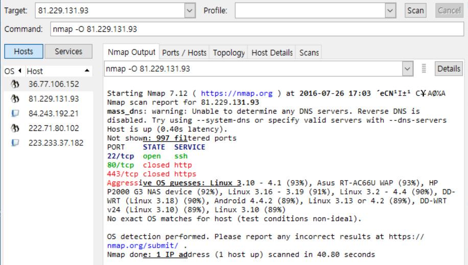 < 표 1> 의 MAS OS 에해당하는값은 Window size는 65535, Options에는 MSS, Timestamp, NOP 값이포함되어있고, 패킷길이는 60바이트이기때문에위에서얻은값과비교한결과이디바이스의 OS 는 MAC이라는것을알수있다.