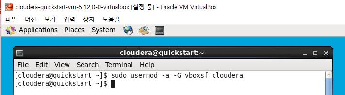 권한문제로접근불가확인 1 Terminal 열고 sudo usermod a G vboxsf cloudera