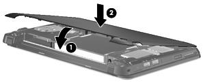 3. 배니티덮개의앞쪽모서리 (1) 를아래로내린다음, 컴퓨터밑면의제위치 (2) 에끼워질때까지배니티덮개를단단히누릅니다. 무선안테나 4.