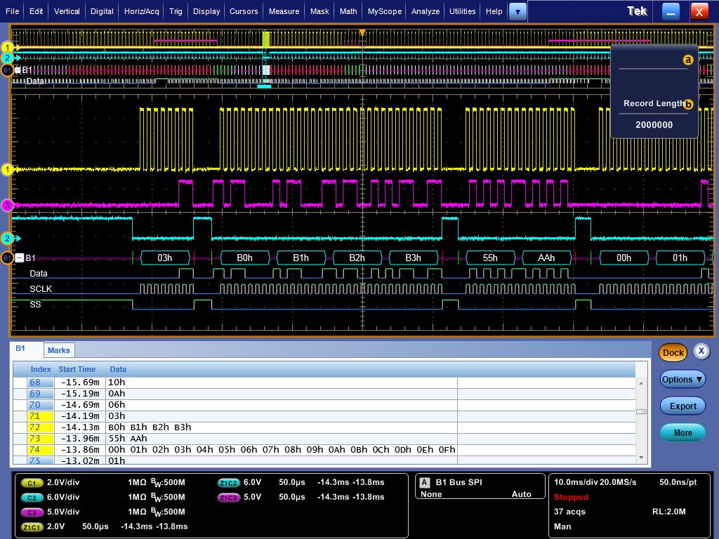 패킷에시간이표시되며주소, 데이터등의각구성요소에대한열에패킷을연속으로나열합니다. 장시간의획득에대한버스타이밍파형과디코드된 SPI 시리얼패킷데이터를보여주는이벤트표 USB 최대속도시리얼버스를트리거합니다. 버스파형은 Start, Sync, PID, Address, End Point, CRC, Data 값및 Stop 을포함하여디코드된패킷내용을제공합니다.