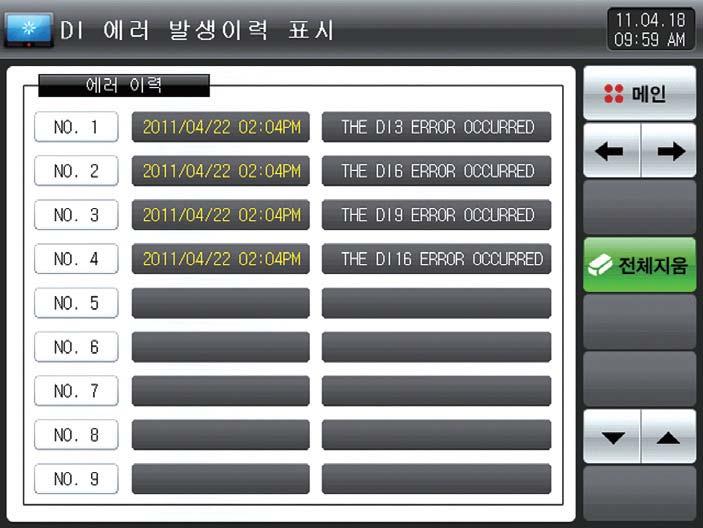 7.2 DI 에러발생이력보기 에러가발생된 DI 종류와날짜, 시간을표시해주는화면입니다. 에러이력은최대 30 개까지표시됩니다. 만약, 에러가 30 개를초과하여발생하는경우에는표시된에러중앞번호부터삭제되며, 발생된에러는뒤로추가됩니다. 1 2 3 [ 그림 7-3] DI 에러발생이력화면 1 DI 에러발생시이력을표시합니다. [19.