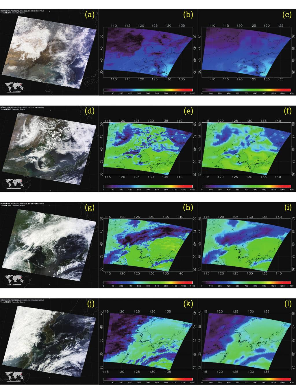 Derivations of Surface Solar Radiation from Polar Orbiting Satellite Observations 보였다. 또한 기울기가 거의 1에 가까운 것을 확인할 수 있고 평균제곱근편차(Root-Mean-Square-Deviation, ) 는 Terra의 경우 각각 25.53 W/m2, 46.81 W/m2, 62.