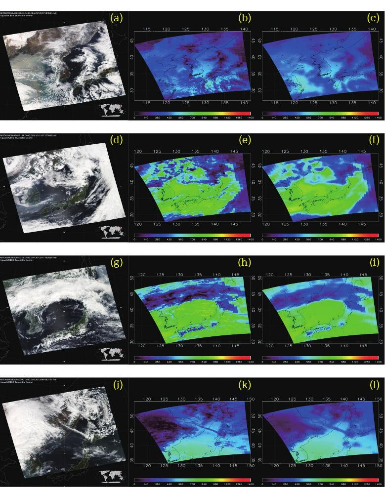 Korean Journal of Remote Sensing, Vol.32, No.3, 2016 2012.01.12.0435 UTC 2012.05.16.0405 UTC 2012.08.04.0405 UTC Fig. 3. Same as Fig. 2, but from Aqua/MODIS and Aqua/CERES. 49.