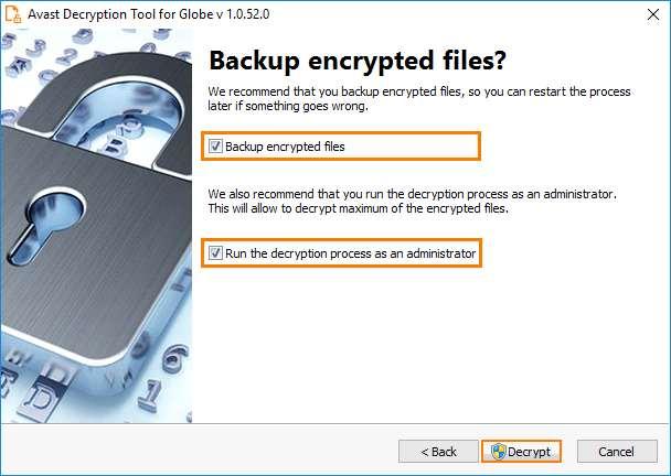 8. 다음중원하는항목을체크한후, Decrypt( 복구 ) 를클릭하세요 : - Backup encrypted