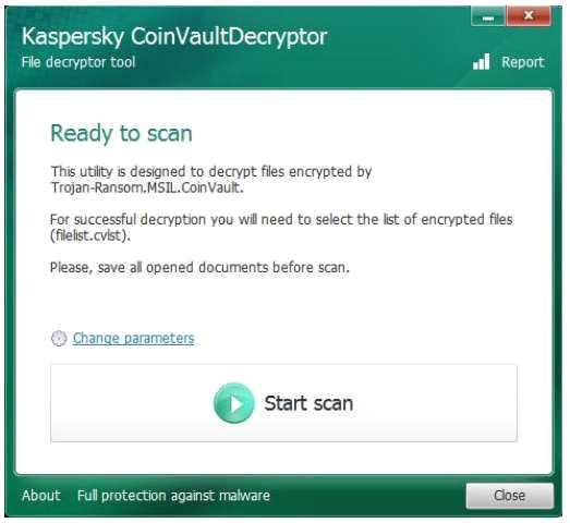 11 CoinVault 복구프로그램 제작 : Kaspersky Lab, Intel Security 적용가능한랜섬웨어 - Coinvault, BitCrytor 랜섬웨어 사용방법 1. CoinVaultDecryptor.zip 파일을다운로드한뒤압축을해제하세요. 2. CoinVaultDecryptor.exe 파일을더블클릭하세요. 3.