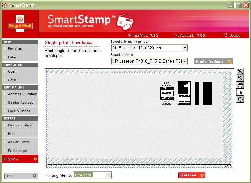 1. 온라인접수국가별사례 (5) 영국의온라인접수사례분석 Royal Mail (2) Online Postage Smart Stamp 봉투종류선택 ( 직접입력가능 ) 사용자 PC 에연결된프린터 홍보문구로고이미지삽입 출력이미지미리보기