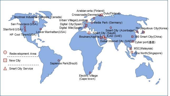 국내외스마트시티추진현황 가 해외스마트시티구축사례중국을비롯한동남아시아지역및중동지역을중심으로신도시개발및도시재생사업에스마트시티기술을도입하는추세이며유럽및미주지역은일정한테마중심으로스마트서비스를도입하고있다 [ 그림 9 해외스마트시티추진동향 ] 출처 : A. T.