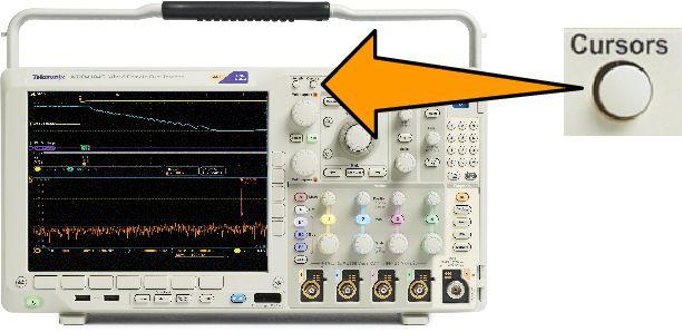 파형또는형적데이터분석 커서로수동측정수행 커서는획득한데이터에서수동측정을수행하기위해파형화면에배치하는화면상의마커로, 수평선및 / 또는수직선으로표시됩니다. 아날로그또는디지털채널에서커서를사용하려면 1. 커서를켜려면커서를누르십시오. 주석노트. 다시누르면커서가꺼집니다. 커서를계속누르고있으면커서메뉴가표시됩니다. 이예에서는선택한화면파형에두개의수직커서가나타납니다.