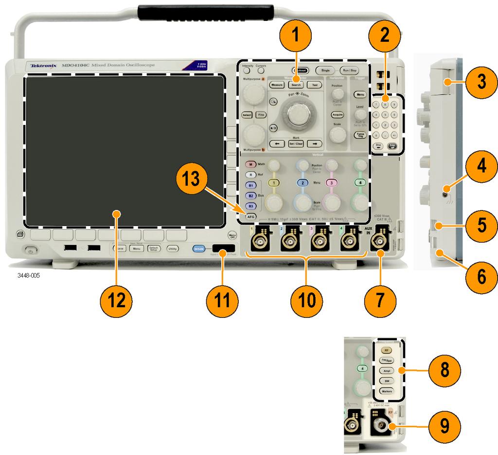 기기에익숙해지기 전면패널메뉴, 컨트롤및커넥터 전면패널에는가장자주사용하는기능의버튼과컨트롤이있습니다. 메뉴버튼을사용하면특정용도에맞는기능에액세스할수있습니다. 1. 기존오실로스코프전면패널컨트롤 2. 10 자리키패드 3. 애플리케이션모듈슬롯 4. 접지띠커넥터 5. 접지 6. 프로브보정 7.