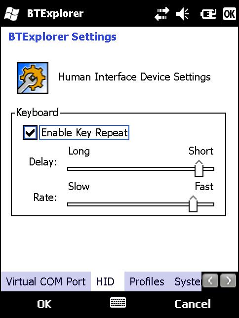 6-46 MC75A 기업용디지털단말기사용설명서 그림 6-52 BTExplorer 설정 - HID 탭 표 6-17 HID 탭데이터 항목 설명 Enable Key Repeat( 키반복활성화 ) 키반복기능을활성화합니다.