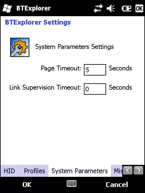 Bluetooth 사용 6-47 System Parameters( 시스템매개변수 ) 탭 그림 6-54 BTExplorer 설정 - 시스템매개변수탭 표 6-18 시스템매개변수탭데이터 품목 설명 Page Timeout( 페이지시간제한 ) 다음장치로이동할때까지 MC75A 가장치를검색할수있는시간을설정합니다.