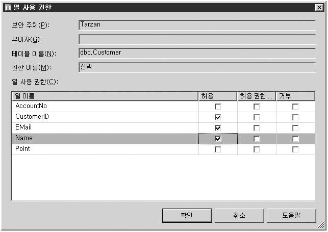 SQL Server 의접근통제 [ 개체탐색기사용 ] 개체탐색기 데이터베이스 대상데이터베이스 테이블 대상테이블마우스우측클릭 속성 (R) 사용권한페이지 SELECT 권한부여 열사용권한버튼선택 2) 권한테스트만일위과정을통해 Tarzan 사용자에게주어진열에대한권한을테스트하고자한다면다음과같이 Tarzan 사용자로가장해서테스트할수있다.