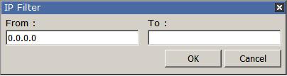 4 장. 설정 필터추가 IP 필터를추가하려면다음을수행하십시오. 1. Add 를클릭하십시오. 필터링하려는 IP 주소범위를입력한후, OK 를클릭하십시오. 2. 필터링하려는다른 IP 주소를추가하려면위단계를반복하십시오.