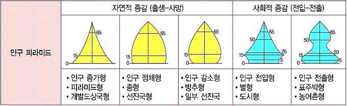 일반적으로분류에따라인구학적구조 ( 성별, 연령별 ), 사회학적구조 ( 결혼여부, 가구크기, 교육정도, 종교별 ), 경제학적구조 ( 직업별, 산업별 ) 로나뉜다. 인구구조는대체로인구피라미드로많이표현하며, 좌우로는남과여를구분하고위로는연령을표시하여한눈에그지역의특성을파악할수있다. 자연적증감을보여주는인구피라미드형과사회적증감을보여주는인구피라미드형으로크게구분된다.