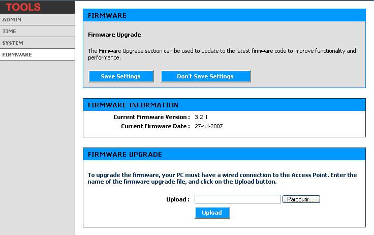 7 DEVICE UPGRADE 7.1 By the WEB interface 펌웨어업그레이드는새로운기능이추가되거나성능이향상된최신펌웨어로시스템을업데이트할때확인합니다. ACKSYS 홈페이지 ( www.acksys.com ) 에서최신버전을확인하시기바랍니다. 이옵션은 TOOLS FIRMWARE 메뉴에서사용가능합니다.
