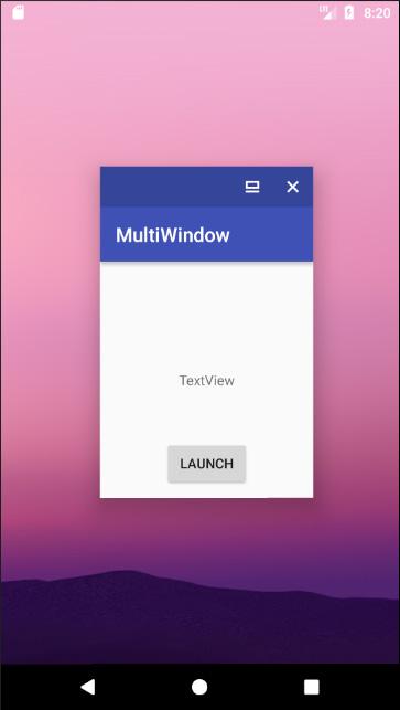 이번에는자유형식모드로 MultiWindow 앱을실행해보자. 단, 이때는자유형식모드를지원하는장치나에뮬레이터에서앱을실행해야한다. 우선, 전체화면모드에서오버뷰버튼을짧게눌러서오버뷰화면이나타나게한다.