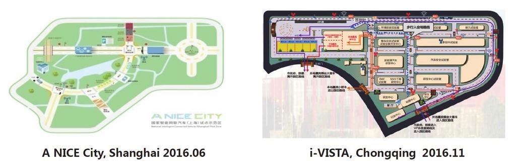 925GHz대역에서의셀룰러 V2X 연구와시범사업을위해 2016년 6월에상하이의 A NICE City, 11월에총칭의 I-VISTA를필두로제지앙, 베이징 -허베이, 지린, 지앙수내에 V2X 데모사이트를구축하였다.