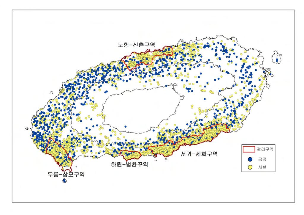 리구역으로지정ㆍ고시 ('03. 6. 25) 하였음 지하수관리구역으로지정된지역은 < 그림 1-1> 과같이지하수가과다개발된지역으로서노형-신촌, 무릉-상모, 하원-법환, 서귀-세화에이르는 4개지역이며, 지정면적은제주도총면적의 8.7% 인 160.065km2임 지하수관리구역지정현황 노형 - 신촌구역 : 43.145 km2 하원 - 법환구역 : 12.