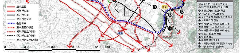 4km 변경 도시기본계획(2030년) [가로망 계획] 고속도로 - 1 1광역교통축(서울외곽순환도로, 서울~문산고속도로)으로 개편 -