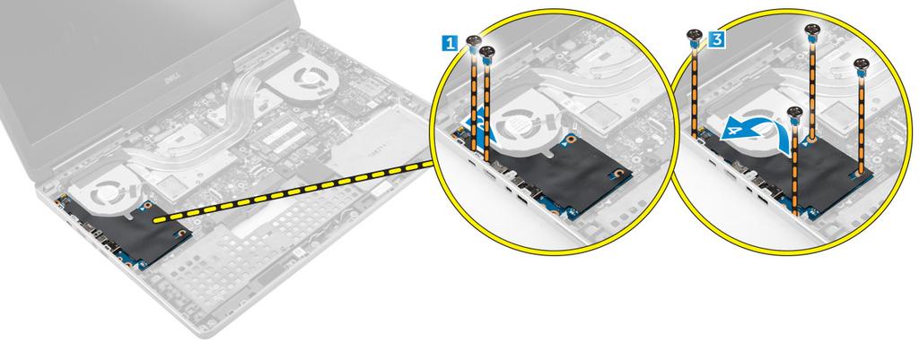 f 손목받침대 3 다음단계에따라 I/O 보드를분리합니다 : a I/O 보드를컴퓨터에고정하는나사를분리합니다 [1, 3]. b 썬더볼트커넥터의브래킷을분리합니다 [2]. c I/O 보드의오른쪽가장자리를들어올려커넥터에서분리한후컴퓨터에서분리합니다 [4]. I/O 보드설치 ( 왼쪽 ) 1 I/O 보드커넥터를연결하고 I/O 보드를컴퓨터의해당슬롯에밀어넣습니다.