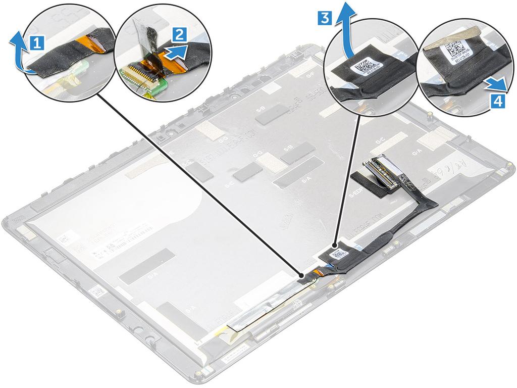 d 디스플레이케이블을디스플레이패널의커넥터에서분리합니다 [4]. 디스플레이케이블설치 1 디스플레이케이블을디스플레이패널의커넥터에연결합니다. 2 테이프를붙여디스플레이케이블을디스플레이패널에고정시킵니다. 3 터치모듈케이블을디스플레이패널의해당커넥터에연결합니다. 4 테이프를붙여터치모듈케이블을디스플레이패널에고정시킵니다.
