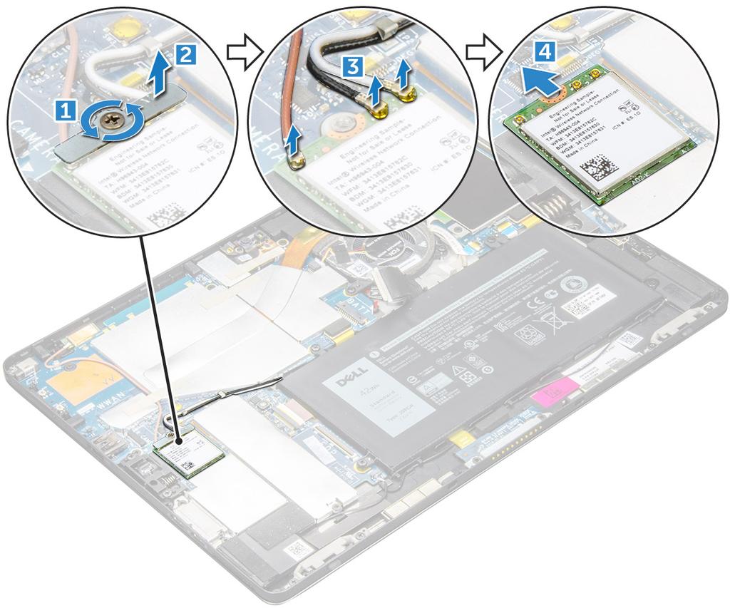 WLAN 카드 WLAN 카드분리 1 태블릿내부작업을시작하기전에의절차를따릅니다. 2 다음을제거합니다 : a b usim/micrsd 카드 노트 : usim 카드슬롯은 WWAN 모듈과함께제공되는태블릿에서만사용할수있습니다. 디스플레이패널 3 WLAN 카드를분리하려면 : a WLAN 브래킷을고정하는 M2.0X3.5 나사를분리하고 [1].