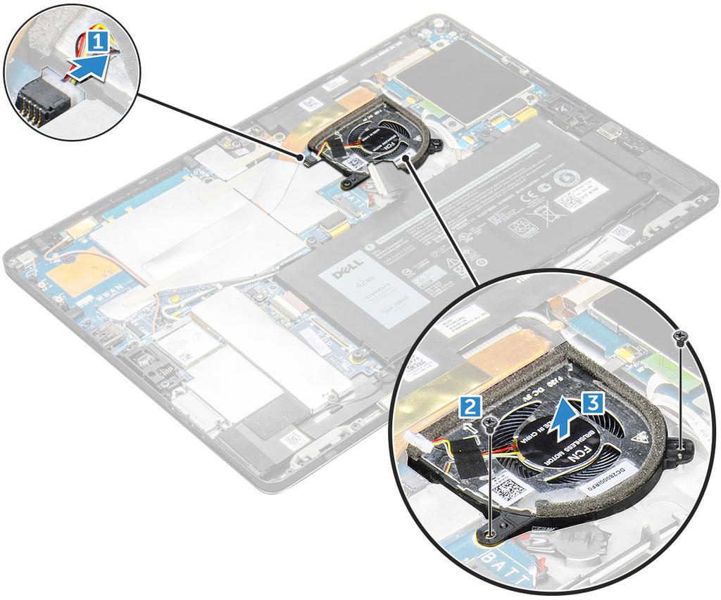 시스템팬설치 1 시스템팬을시스템보드의나사홀더에맞춥니다. 2 시스템팬을시스템보드에고정시키는 M2.0 x 3.0 나사를장착합니다. 3 시스템팬케이블을시스템보드에연결합니다. 4 다음을설치합니다 : a 디스플레이패널노트 : usim 카드는 WWAN 모듈과함께제공되는태블릿에만설치됩니다.