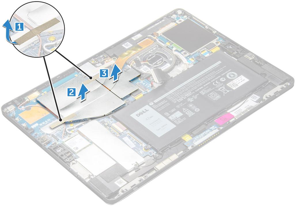 b 디스플레이패널 3 방열판조립품을분리하려면 : a 실드덮개를고정하는전도성테이프를떼어냅니다 [1]. 노트 : 테이프가손상되면전도성테이프를새로주문해야하므로테이프를조심스럽게떼어내야합니다. 테이프는 IR 카메라케이블이손상되지않도록보호합니다. 구성요소를설치하거나교체하는경우테이프를고정했는지확인하십시오.