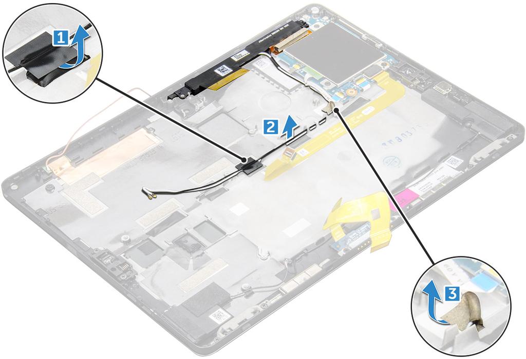 노트 : usim 카드는 WWAN 모듈과함께제공되는태블릿에만설치됩니다. 4 태블릿내부작업을마친후에의절차를따릅니다. 안테나 안테나모듈분리 1 태블릿내부작업을시작하기전에의절차를따릅니다. 2 제거 : a b c d e f usim 및 / 또는 microsd 카드 노트 : usim 카드슬롯은 WWAN 모듈과함께제공되는태블릿에서만사용할수있습니다.