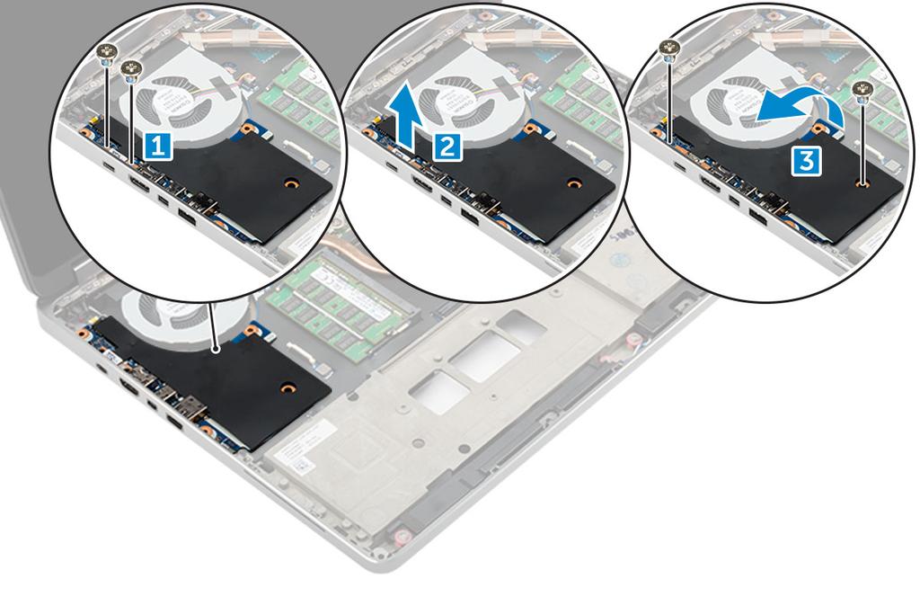 3 I/O 보드를분리하려면 : a 썬더볼트브래킷을컴퓨터에고정시키는 M2.5x5.0 나사를분리합니다 [1]. b 썬더볼트커넥터의브래킷을분리합니다 [2]. c I/O 보드를컴퓨터에고정하는 M2.5x5.0 나사를분리합니다 [3]. d I/O 보드를들어올려컴퓨터에서분리합니다. 왼쪽 IO 보드설치 1 I/O 보드를컴퓨터의해당슬롯으로밉니다.