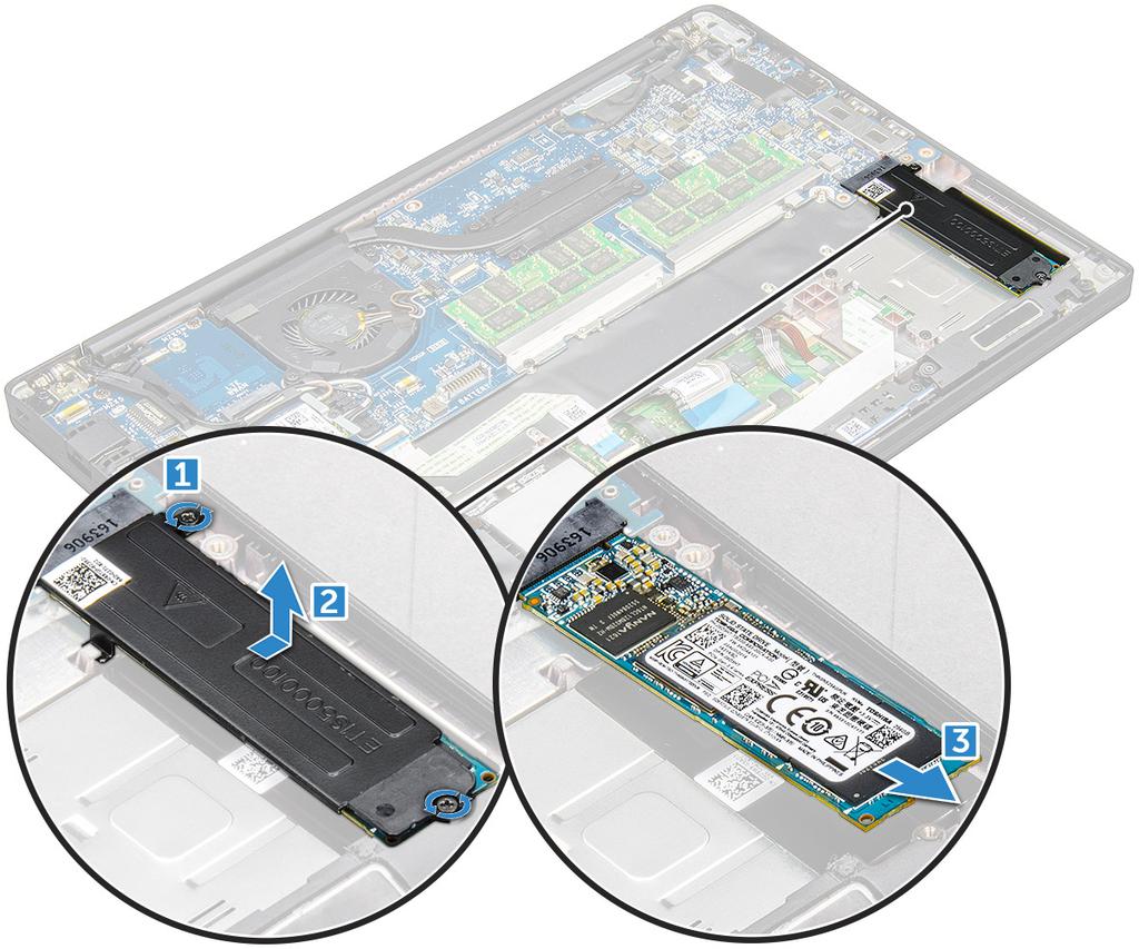 노트 : 시스템에브래킷이함께제공된경우 SSD 브래킷을분리해야합니다. c 시스템보드의커넥터에서 PCIe SSD 를분리합니다 [3]. PCIe SSD 설치 1 PCIe SSD 카드를커넥터에삽입합니다. 2 PCIe SSD 카드위에 SSD 브래킷을설치합니다.