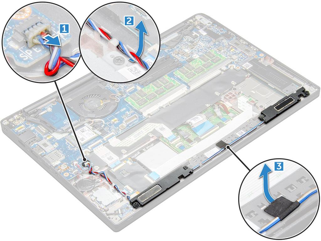 스피커 스피커모듈분리 1 컴퓨터내부작업을시작하기전에의절차를따릅니다. 2 다음을제거합니다 : a b 베이스덮개배터리 3 스피커모듈을분리하려면 : a 핀을눌러시스템보드의커넥터에서스피커케이블을분리합니다 [1]. 노트 : 라우팅클립에서스피커케이블을분리해야합니다. 노트 : 플라스틱스크라이브를사용하여케이블을해당커넥터에서분리합니다.