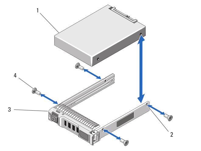 그림 8. 하드드라이브 /PCIe SSD 캐리어에서하드드라이브 /PCIe SSD 분리및설치 1. 하드드라이브 /PCIe SSD 2. 나사구멍 (4 개 ) 3. 하드드라이브 /PCIe SSD 캐리어 4. 나사 (4 개 ) 하드드라이브 /PCIe SSD 캐리어에하드드라이브 /PCIe SSD 설치 1.