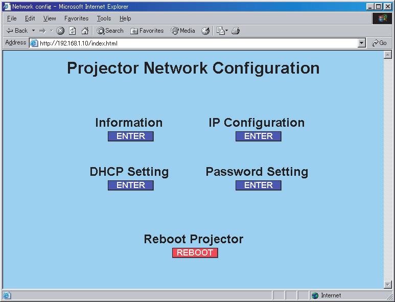 네트워크가 DHCP 기능을지원하지않는경우또는네트워크가 DHCP 를지원하더라도고정주소를사용하는경우네트워크메뉴를사용해서 IP 주소, 서브넷마스크, 디폴트게이트웨이, 그리고 DHCP 를설정하십시오. 우선 DHCP 기능을 " 무효 " 로설정하십시오. 네트워크에접속된컴퓨터상에서웹브라우저 (Internet Explorer 5.